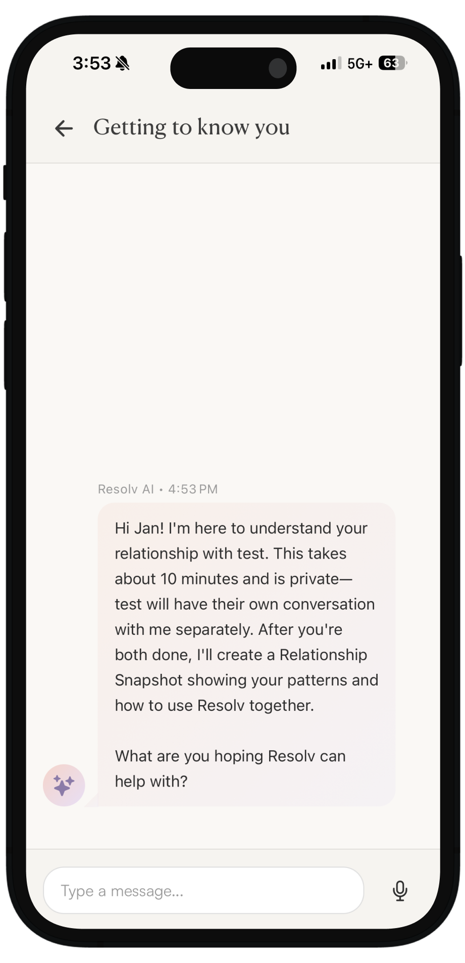 Resolv private intake: one partner in a one-on-one session with the AI counselor