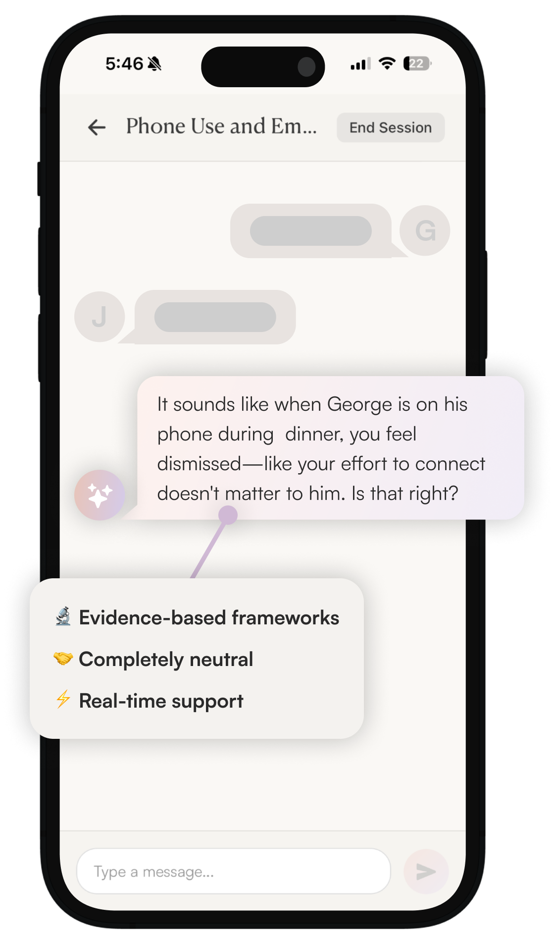 Joint session UI: both partners in the room with the AI guiding the conversation