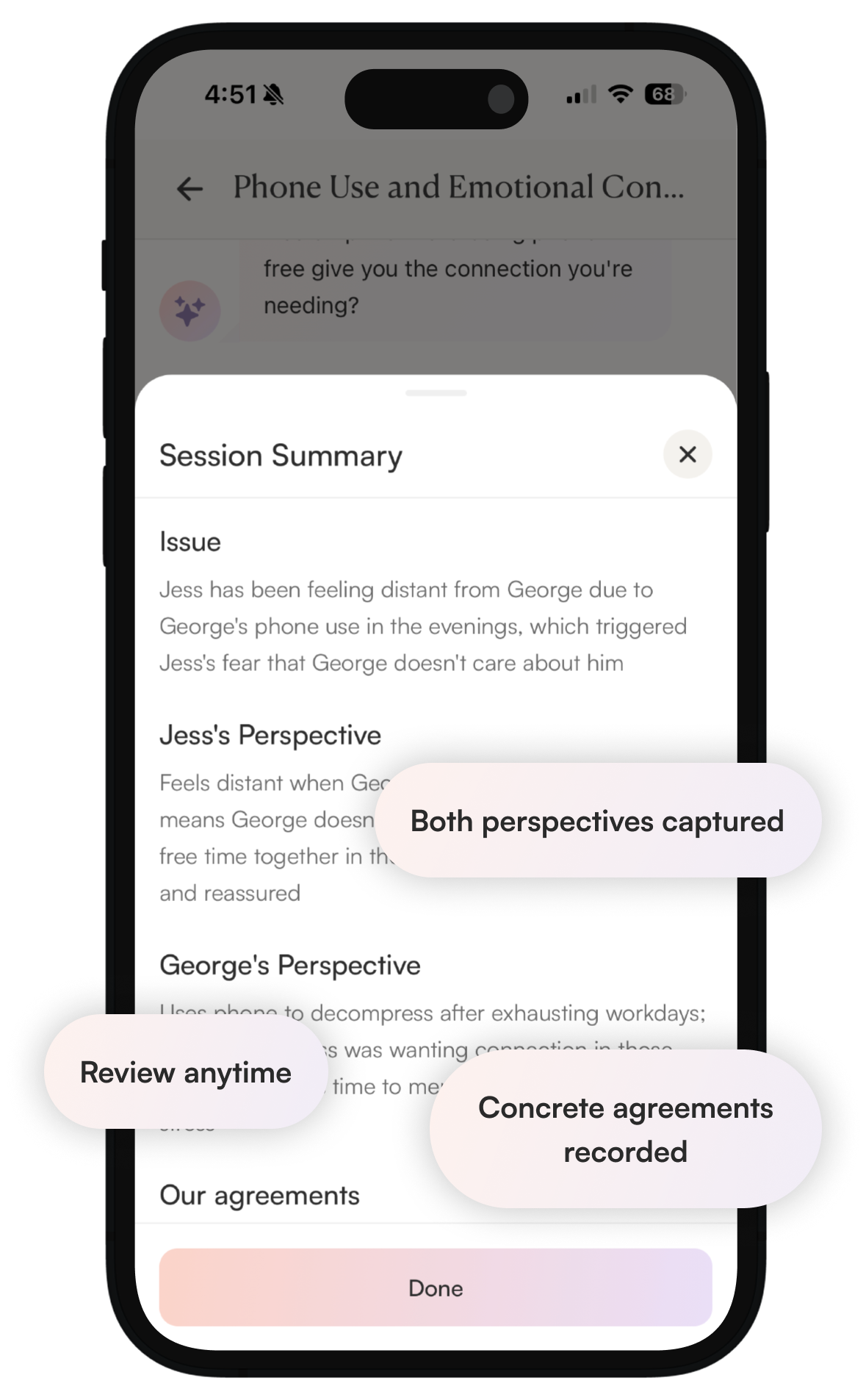Resolution card showing Partner A and Partner B commitments with dates