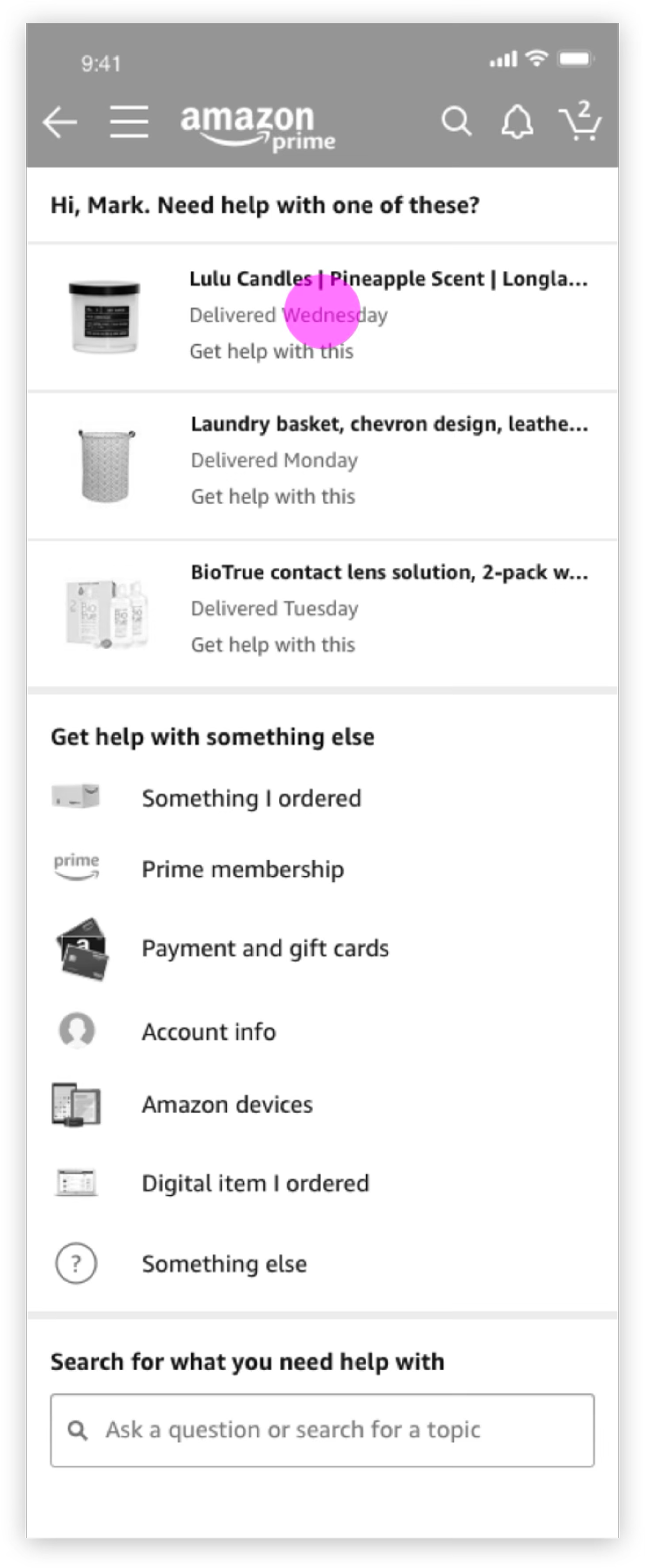 Early wireframe: unified help entry and intent capture.